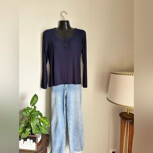 1.STATE Ribbed Henley Long Sleeve Top – Navy (Size M)